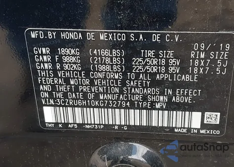 2019 Honda Hr-V Sport from USA, damaged, VIN 3CZRU6H10KG732794